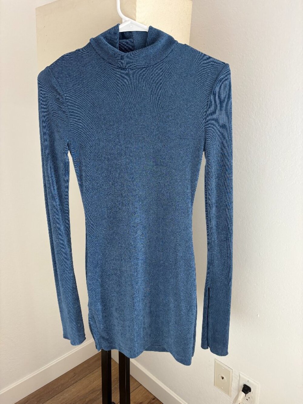 Blue Mock Turtle Neck Long Sleeve Mini Dress - Small